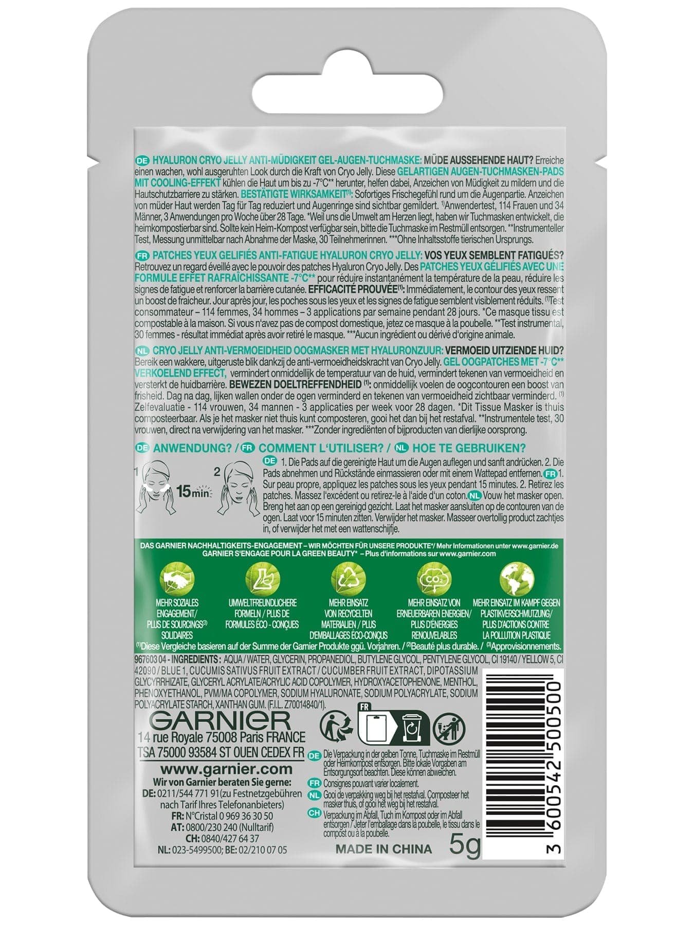 Garnier SkinActive Hyaluron Cyro Jelly Pads pour les yeux Emballage arrière avec indications de contenu