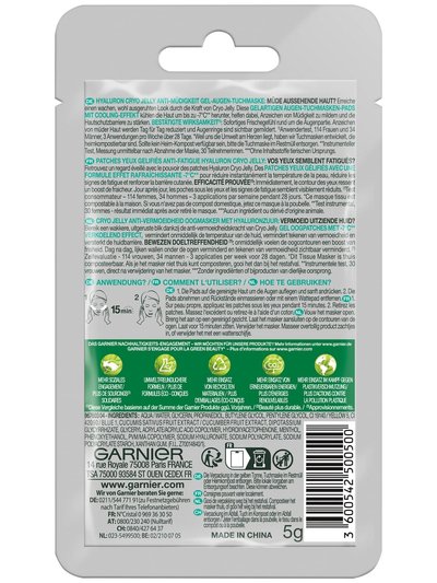 Garnier SkinActive Hyaluron Cyro Jelly Augenpads Verpackung hinten mit Inhaltsangaben