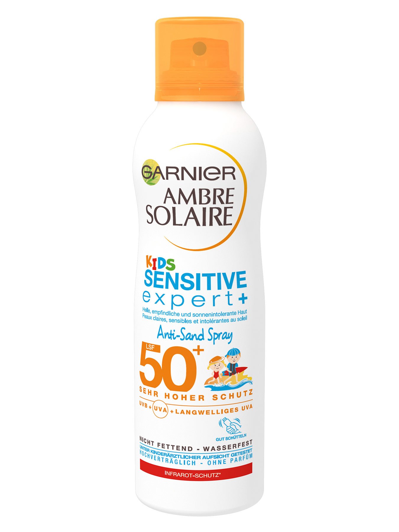 Anti-Sand-Spray-LSF-50-Ambre-Solaire-Kids-Sensitiv-Expert-Plus-200ml-Vorderseite-Garnier-Deutschl-gr