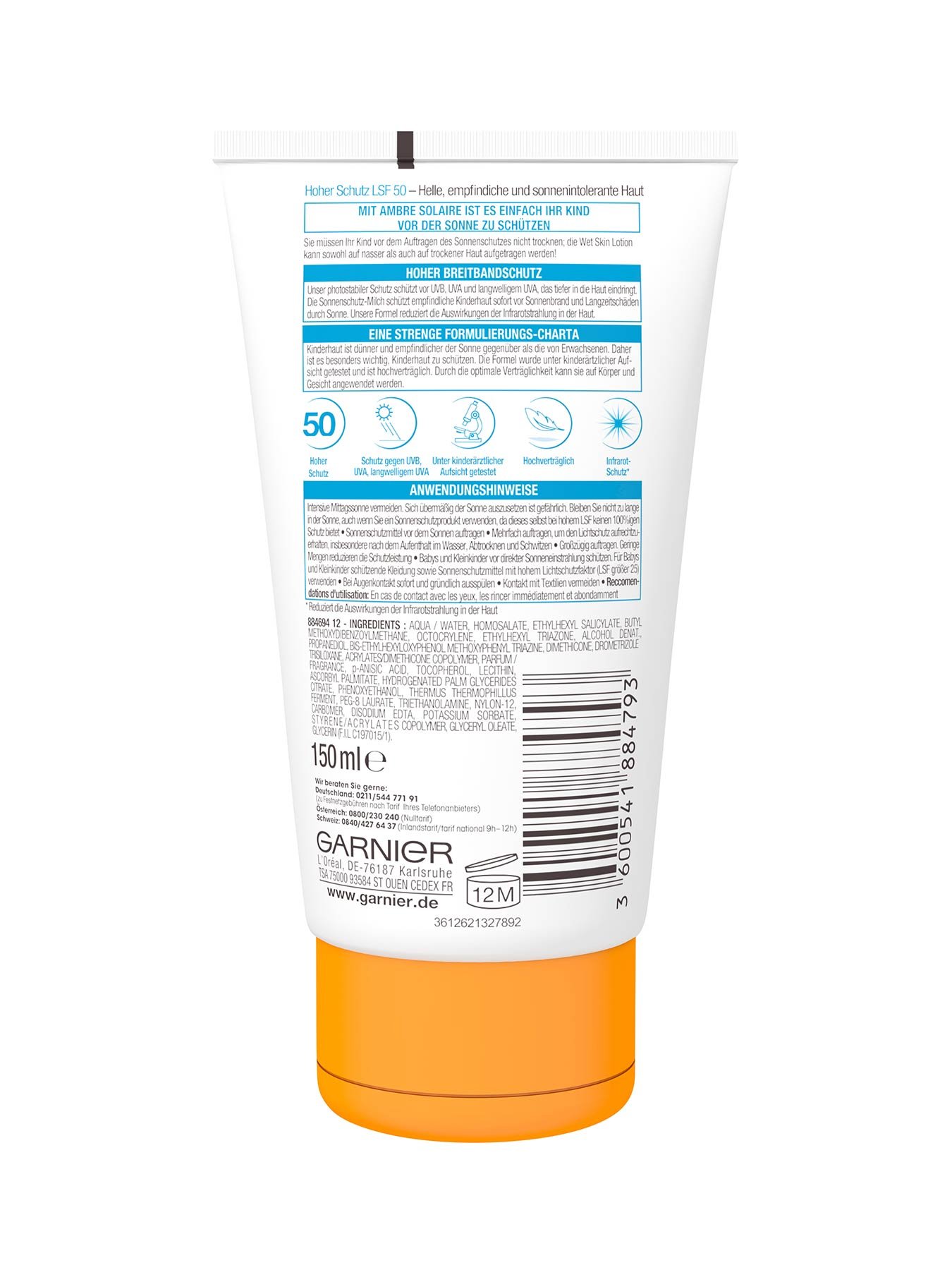 Wet-Skin-Lotion-LSF-50-Ambre-Solaire-Kids-Sensitiv-Expert-Plus-150ml-Rueckseite-Garnier-Deutschl-gr