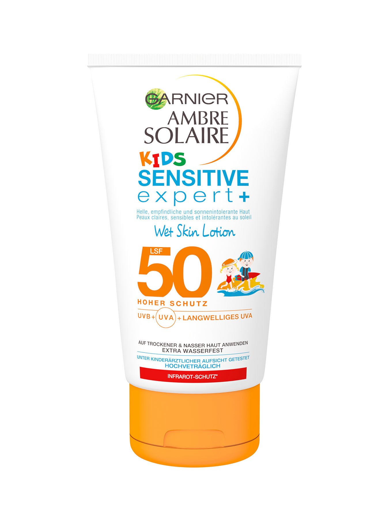 Wet-Skin-Lotion-LSF-50-Ambre-Solaire-Kids-Sensitiv-Expert-Plus-150ml-Vorderseite-Garnier-Deutschl-gr