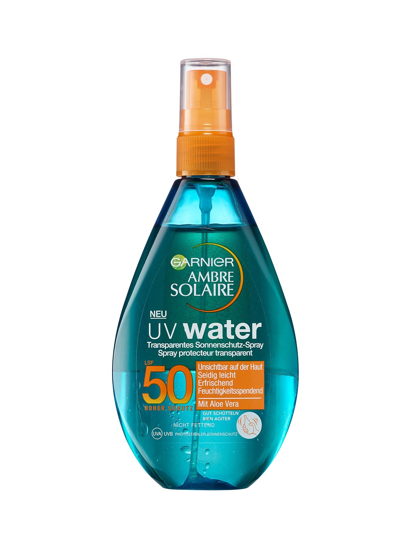 Sonnenschutz-Spray-LSF-50-Ambre-Solaire-UV-Water-150ml-Vorderseite-Garnier-Deutschland-gr